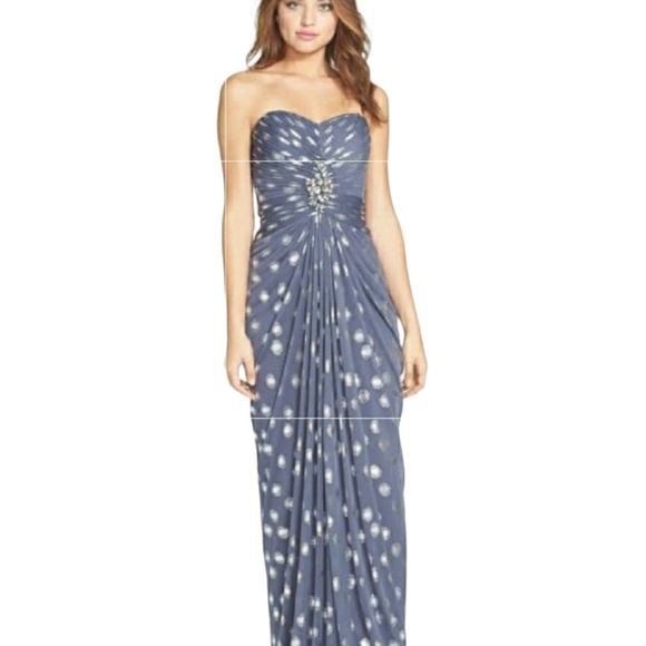 Adrianna Papell Foiled Dot Draped Mesh Gown Slate Gray Sz 2 - Picture 17 of 17